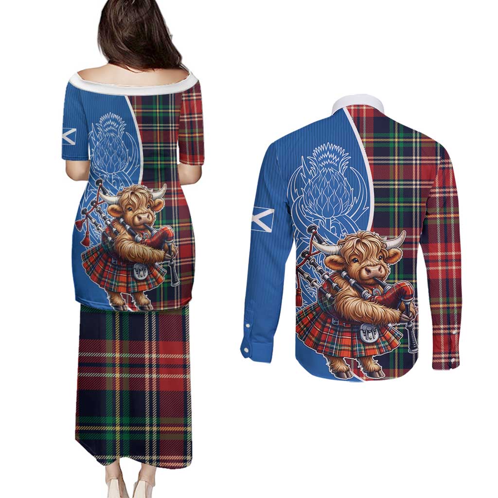 Scottish Tartan Couples Matching Puletasi and Long Sleeve Button Shirt Highland Cow Playing Bagpipes