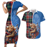 Scottish Tartan Couples Matching Short Sleeve Bodycon Dress and Hawaiian Shirt Highland Cow Playing Bagpipes