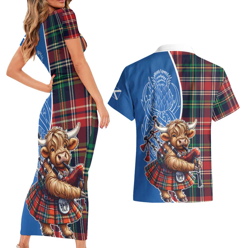 Scottish Tartan Couples Matching Short Sleeve Bodycon Dress and Hawaiian Shirt Highland Cow Playing Bagpipes