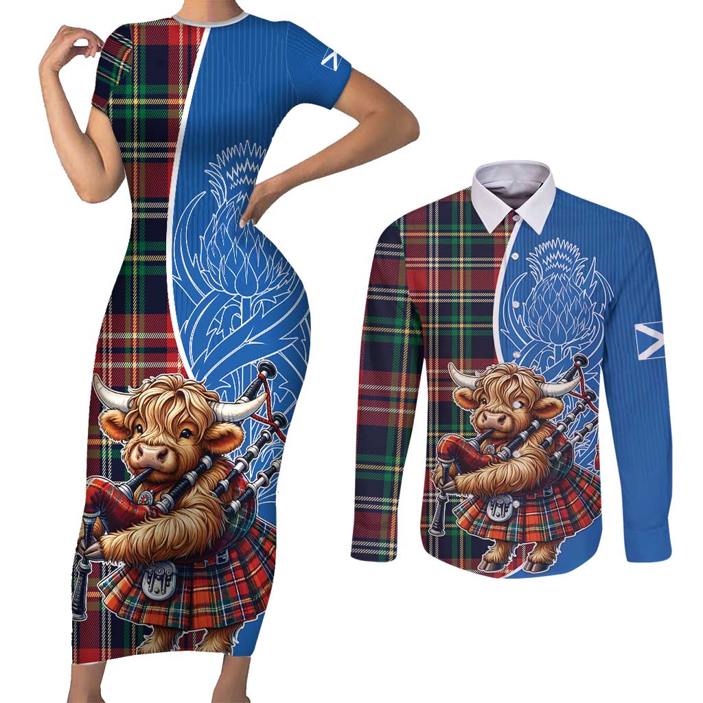 Scottish Tartan Couples Matching Short Sleeve Bodycon Dress and Long Sleeve Button Shirt Highland Cow Playing Bagpipes