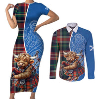 Scottish Tartan Couples Matching Short Sleeve Bodycon Dress and Long Sleeve Button Shirt Highland Cow Playing Bagpipes