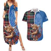 Scottish Tartan Couples Matching Summer Maxi Dress and Hawaiian Shirt Highland Cow Playing Bagpipes