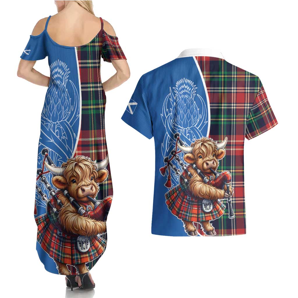 Scottish Tartan Couples Matching Summer Maxi Dress and Hawaiian Shirt Highland Cow Playing Bagpipes