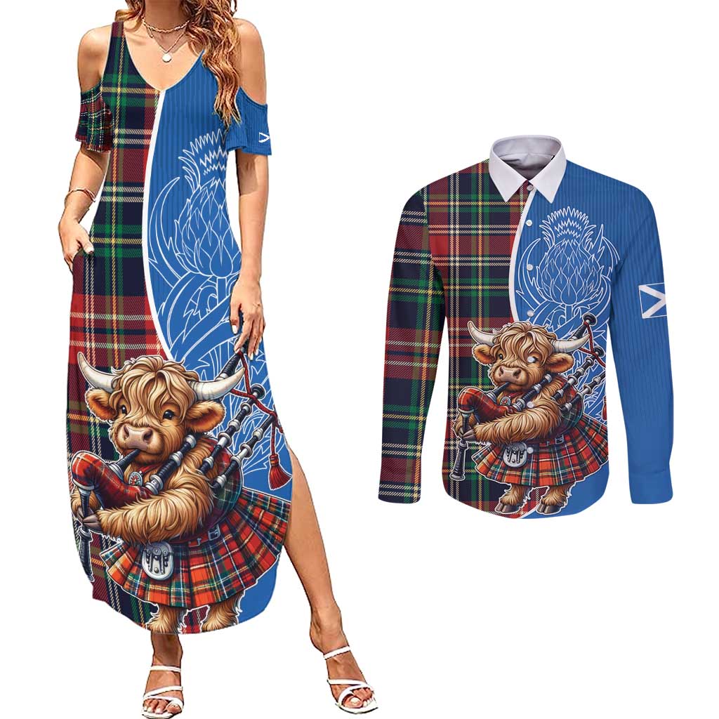 Scottish Tartan Couples Matching Summer Maxi Dress and Long Sleeve Button Shirt Highland Cow Playing Bagpipes