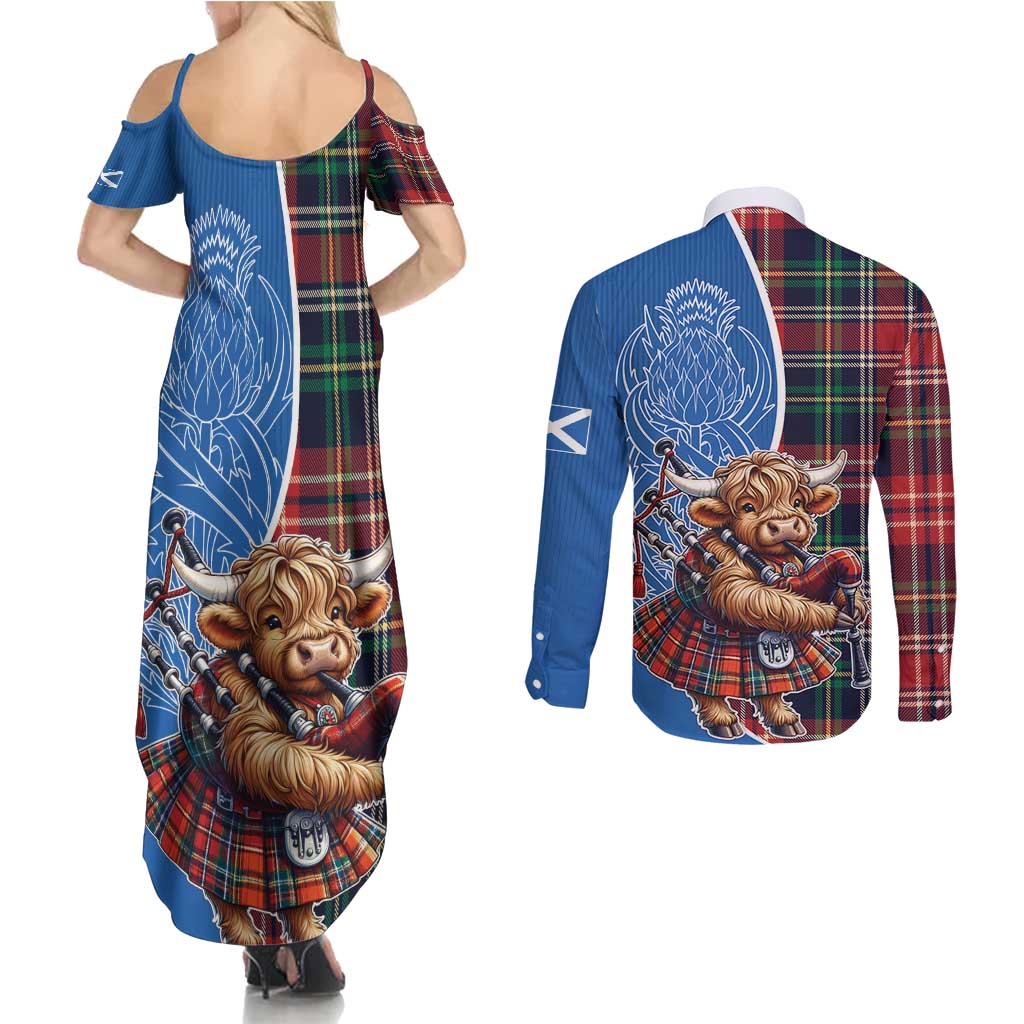 Scottish Tartan Couples Matching Summer Maxi Dress and Long Sleeve Button Shirt Highland Cow Playing Bagpipes