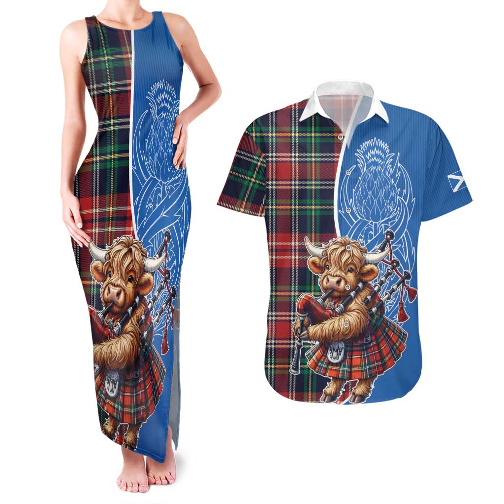 Scottish Tartan Couples Matching Tank Maxi Dress and Hawaiian Shirt Highland Cow Playing Bagpipes