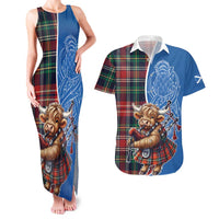Scottish Tartan Couples Matching Tank Maxi Dress and Hawaiian Shirt Highland Cow Playing Bagpipes
