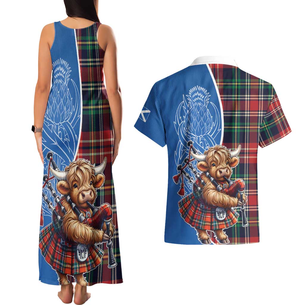 Scottish Tartan Couples Matching Tank Maxi Dress and Hawaiian Shirt Highland Cow Playing Bagpipes