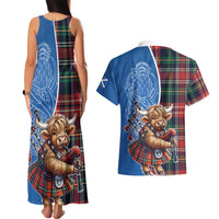 Scottish Tartan Couples Matching Tank Maxi Dress and Hawaiian Shirt Highland Cow Playing Bagpipes