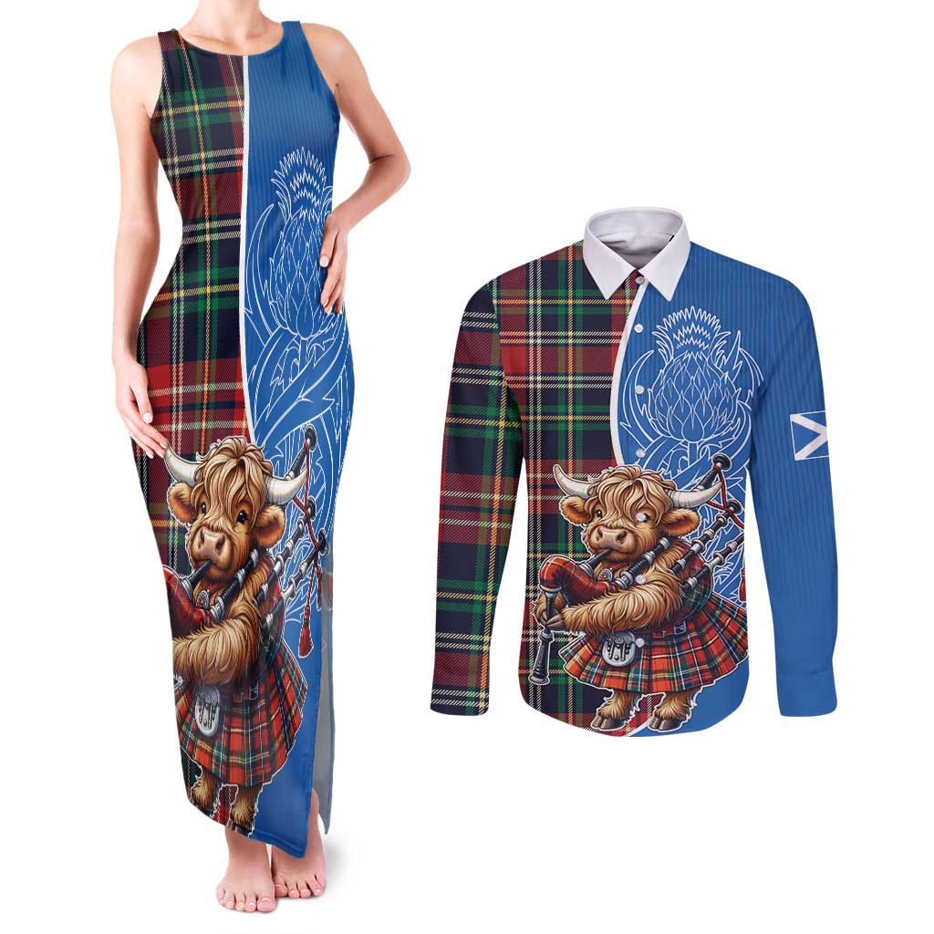 Scottish Tartan Couples Matching Tank Maxi Dress and Long Sleeve Button Shirt Highland Cow Playing Bagpipes