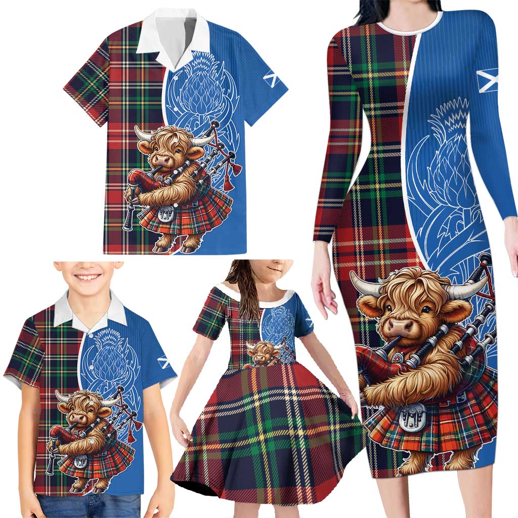 Scottish Tartan Family Matching Long Sleeve Bodycon Dress and Hawaiian Shirt Highland Cow Playing Bagpipes