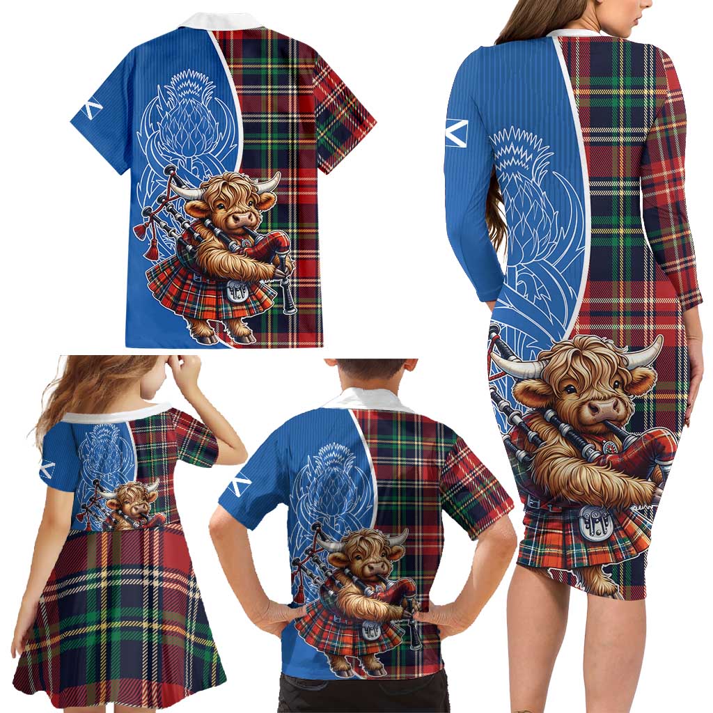 Scottish Tartan Family Matching Long Sleeve Bodycon Dress and Hawaiian Shirt Highland Cow Playing Bagpipes