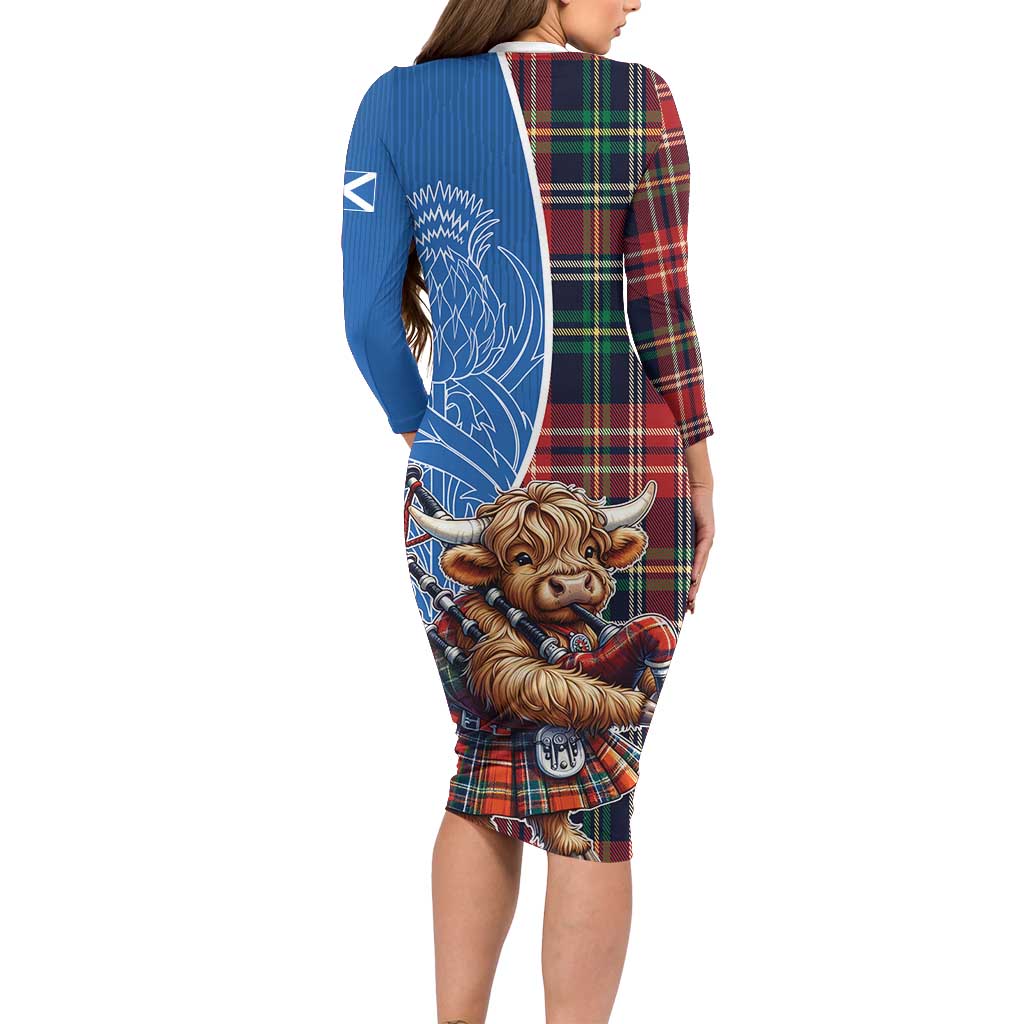 Scottish Tartan Family Matching Long Sleeve Bodycon Dress and Hawaiian Shirt Highland Cow Playing Bagpipes