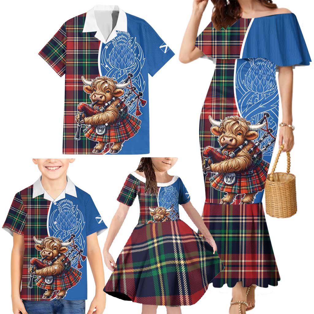 Scottish Tartan Family Matching Mermaid Dress and Hawaiian Shirt Highland Cow Playing Bagpipes