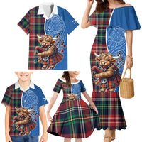 Scottish Tartan Family Matching Mermaid Dress and Hawaiian Shirt Highland Cow Playing Bagpipes