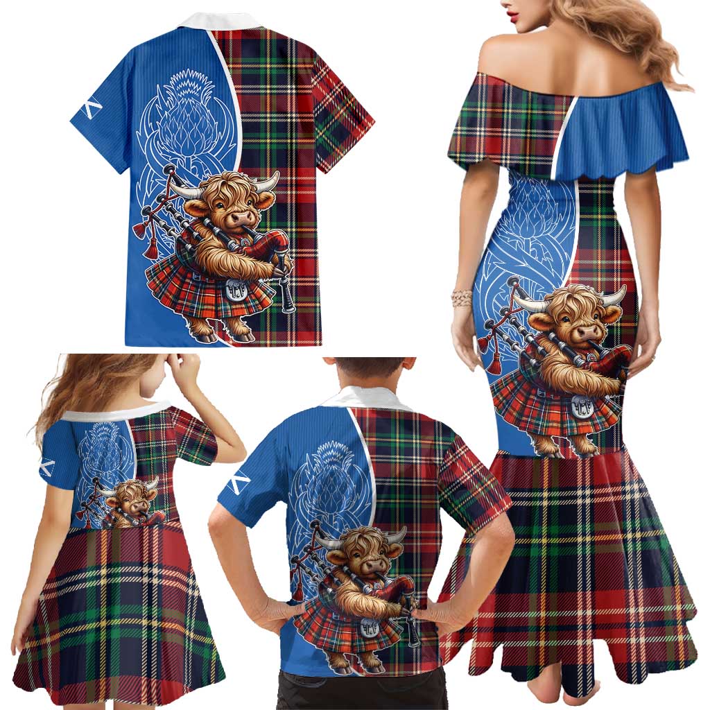 Scottish Tartan Family Matching Mermaid Dress and Hawaiian Shirt Highland Cow Playing Bagpipes