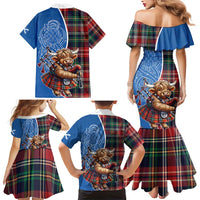 Scottish Tartan Family Matching Mermaid Dress and Hawaiian Shirt Highland Cow Playing Bagpipes