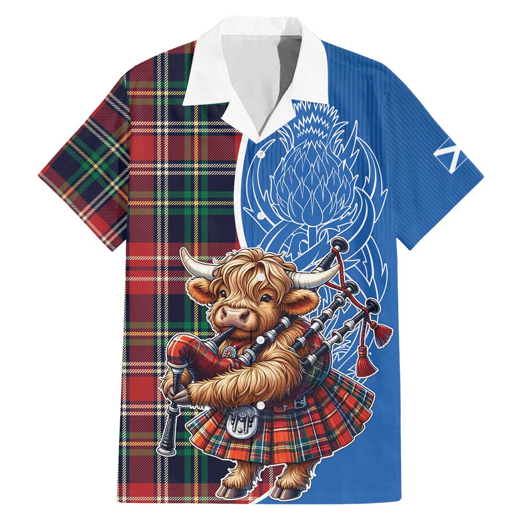 Scottish Tartan Family Matching Mermaid Dress and Hawaiian Shirt Highland Cow Playing Bagpipes