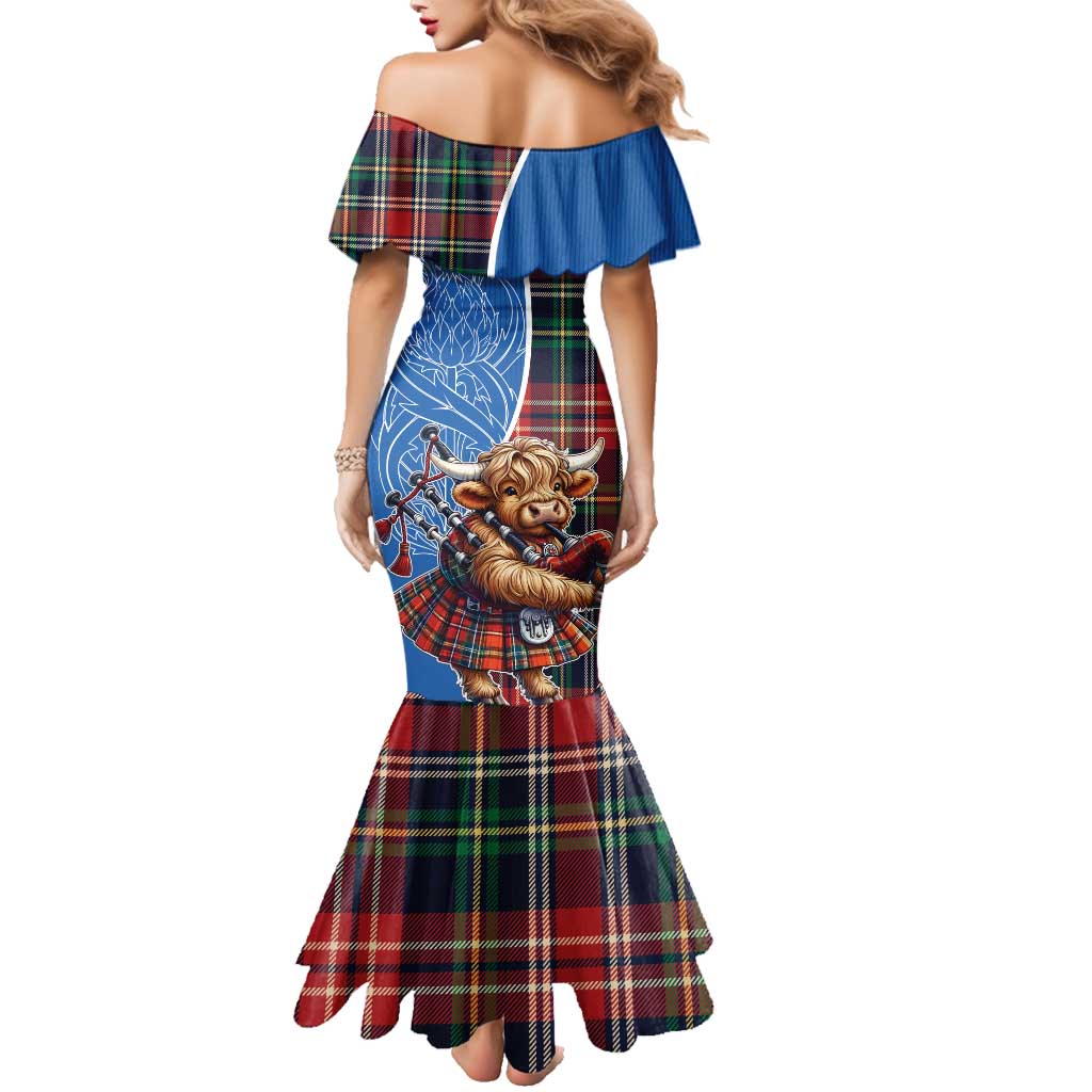 Scottish Tartan Family Matching Mermaid Dress and Hawaiian Shirt Highland Cow Playing Bagpipes