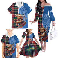 Scottish Tartan Family Matching Off The Shoulder Long Sleeve Dress and Hawaiian Shirt Highland Cow Playing Bagpipes