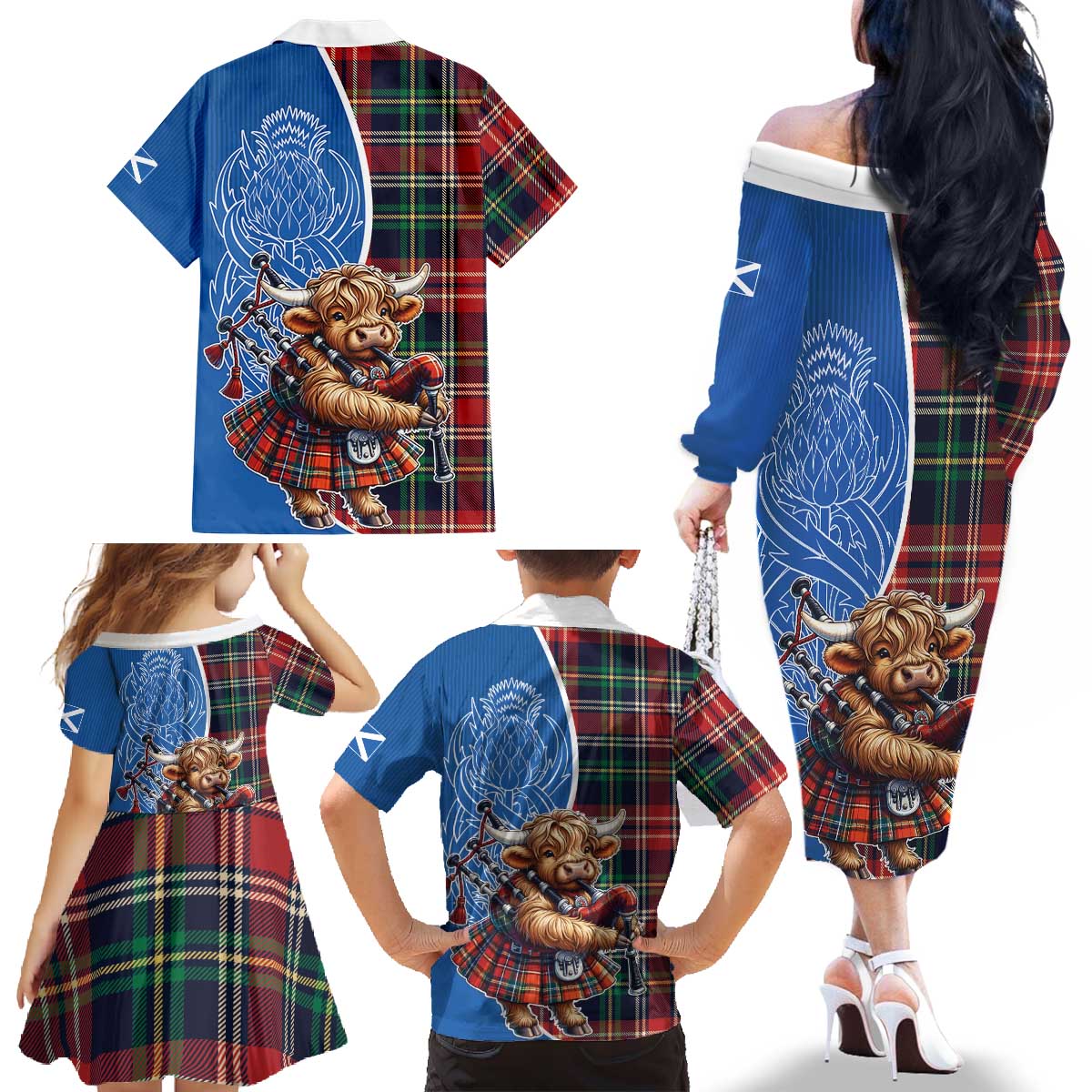 Scottish Tartan Family Matching Off The Shoulder Long Sleeve Dress and Hawaiian Shirt Highland Cow Playing Bagpipes