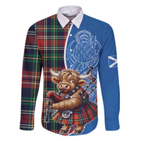 Scottish Tartan Family Matching Off The Shoulder Long Sleeve Dress and Hawaiian Shirt Highland Cow Playing Bagpipes