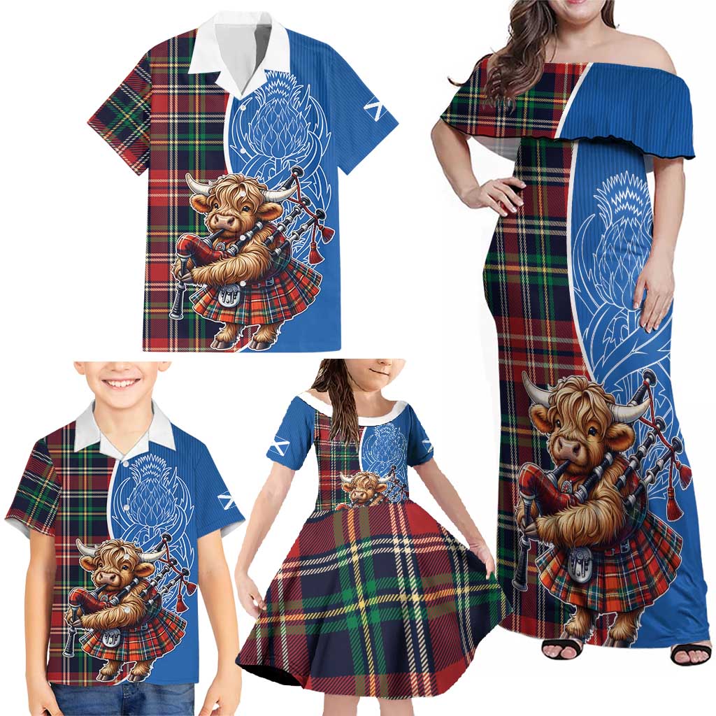 Scottish Tartan Family Matching Off Shoulder Maxi Dress and Hawaiian Shirt Highland Cow Playing Bagpipes