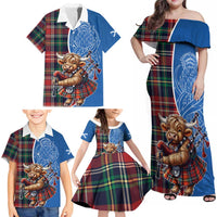 Scottish Tartan Family Matching Off Shoulder Maxi Dress and Hawaiian Shirt Highland Cow Playing Bagpipes