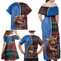 Scottish Tartan Family Matching Off Shoulder Maxi Dress and Hawaiian Shirt Highland Cow Playing Bagpipes