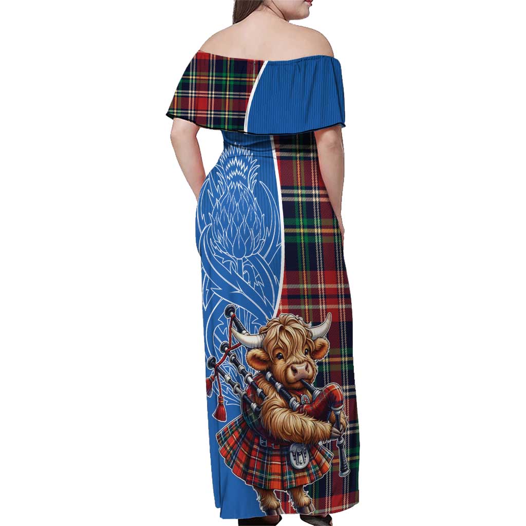 Scottish Tartan Family Matching Off Shoulder Maxi Dress and Hawaiian Shirt Highland Cow Playing Bagpipes