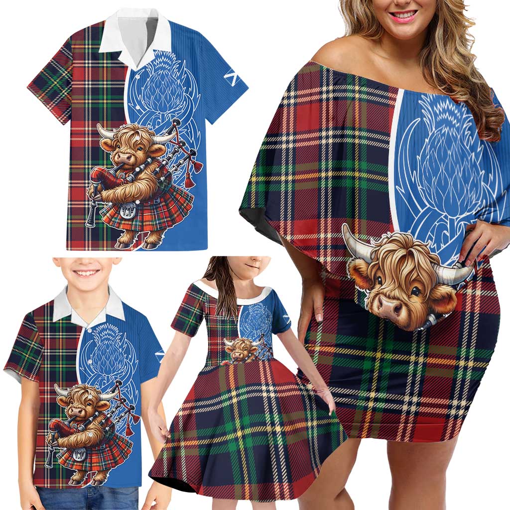 Scottish Tartan Family Matching Off Shoulder Short Dress and Hawaiian Shirt Highland Cow Playing Bagpipes