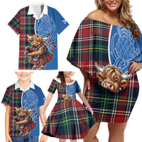 Scottish Tartan Family Matching Off Shoulder Short Dress and Hawaiian Shirt Highland Cow Playing Bagpipes