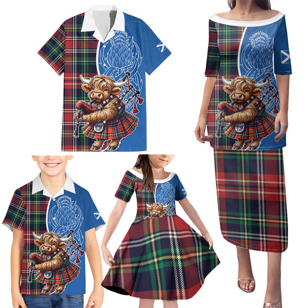 Scottish Tartan Family Matching Puletasi and Hawaiian Shirt Highland Cow Playing Bagpipes