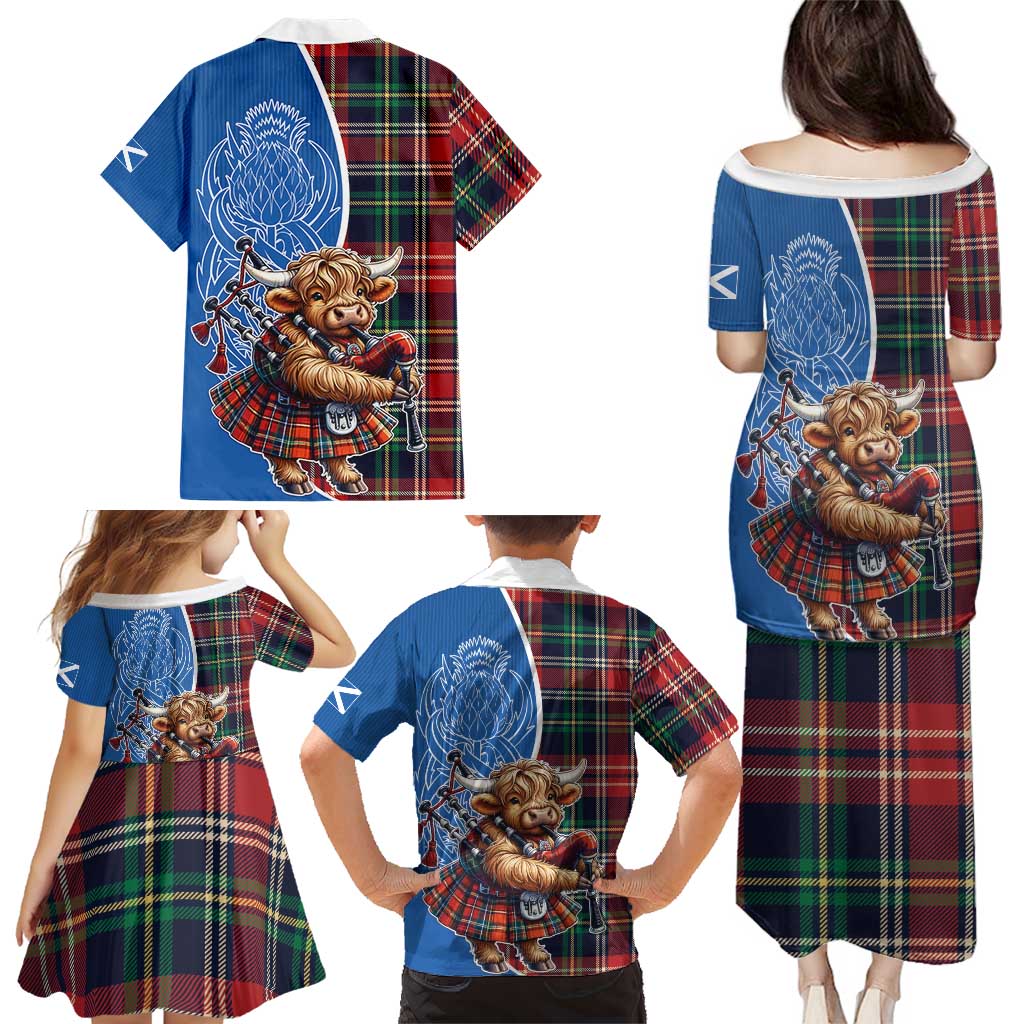 Scottish Tartan Family Matching Puletasi and Hawaiian Shirt Highland Cow Playing Bagpipes