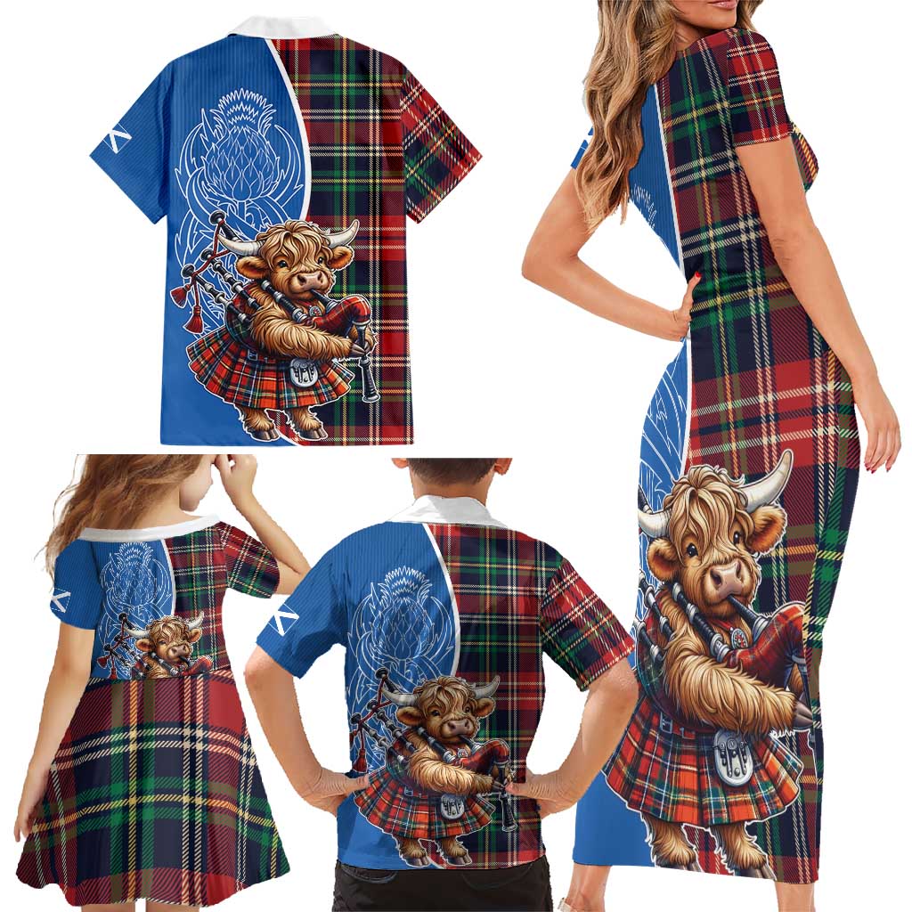 Scottish Tartan Family Matching Short Sleeve Bodycon Dress and Hawaiian Shirt Highland Cow Playing Bagpipes
