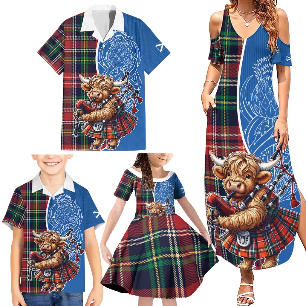 Scottish Tartan Family Matching Summer Maxi Dress and Hawaiian Shirt Highland Cow Playing Bagpipes