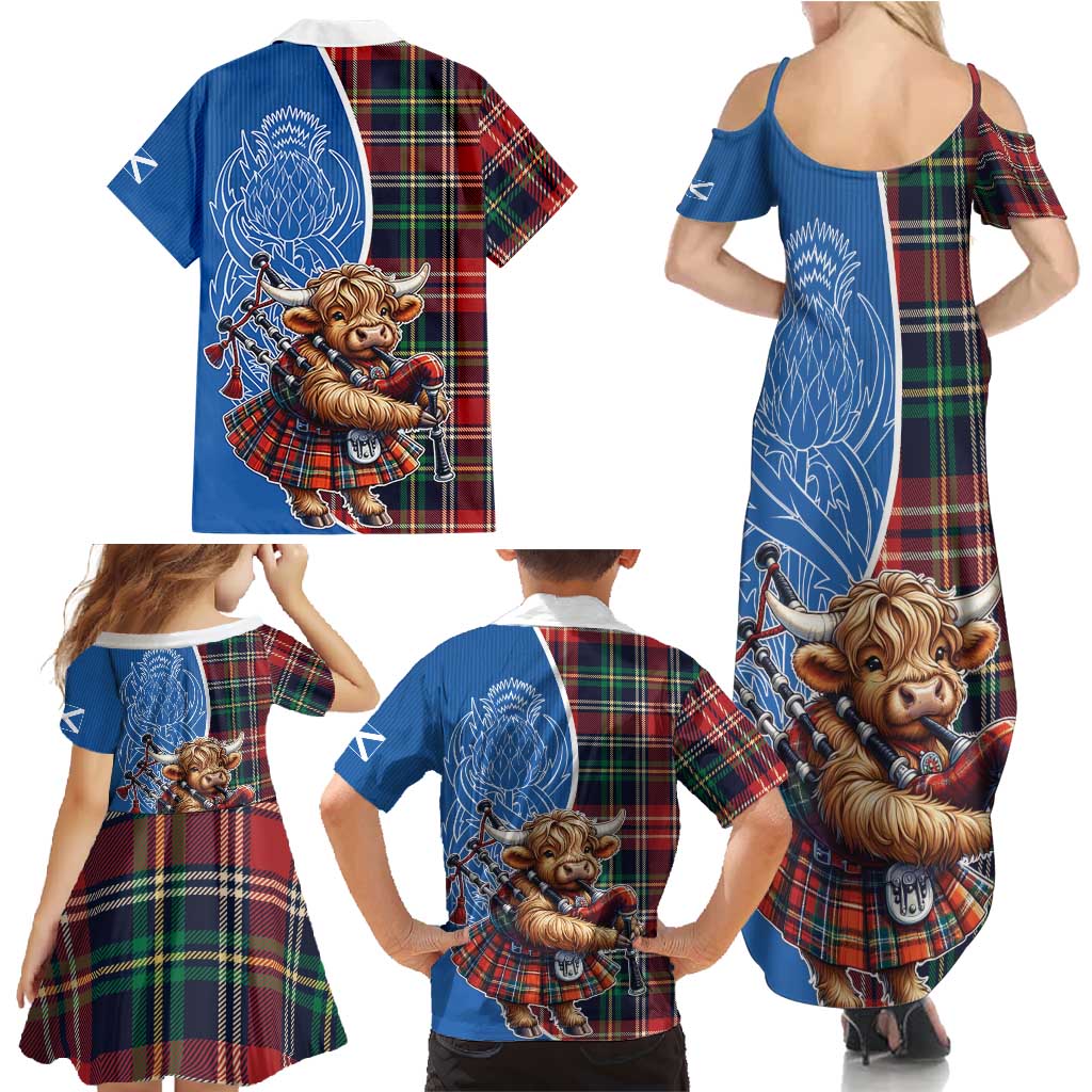 Scottish Tartan Family Matching Summer Maxi Dress and Hawaiian Shirt Highland Cow Playing Bagpipes