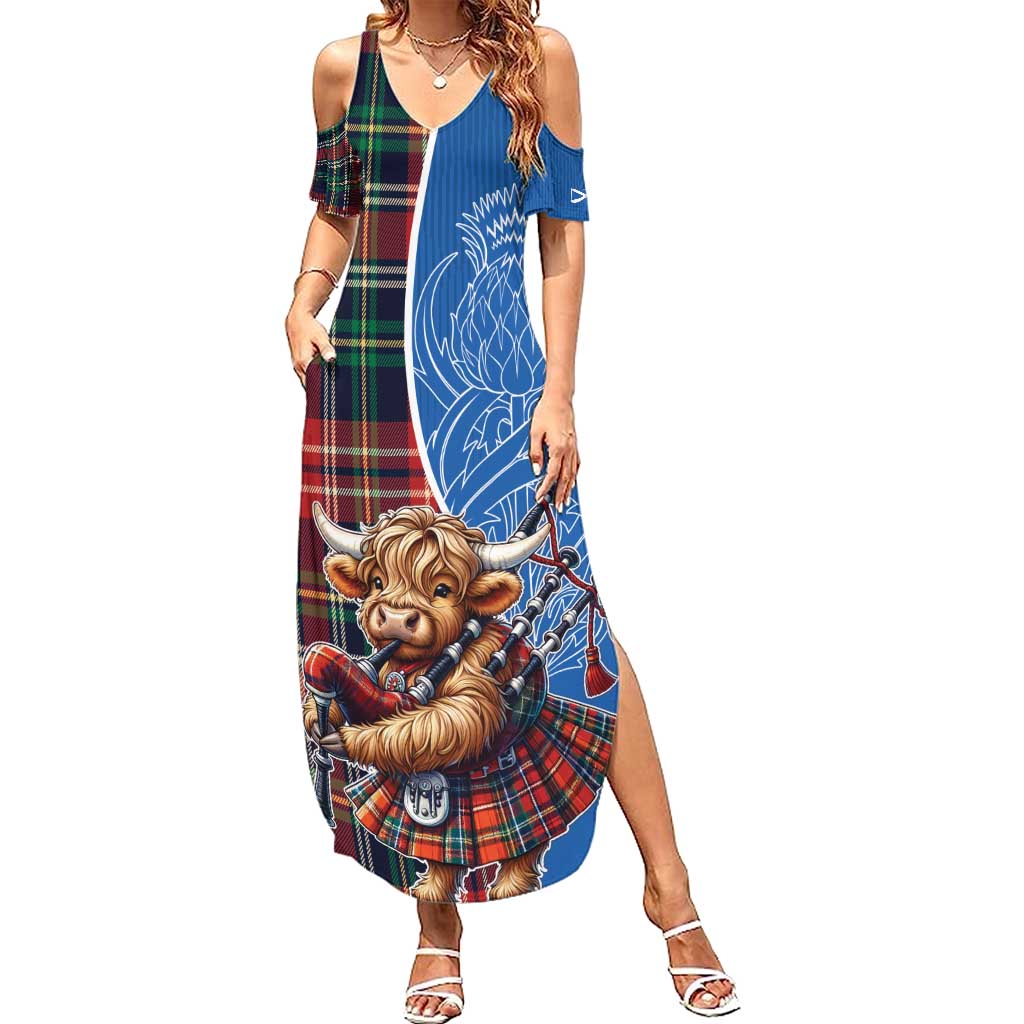 Scottish Tartan Family Matching Summer Maxi Dress and Hawaiian Shirt Highland Cow Playing Bagpipes