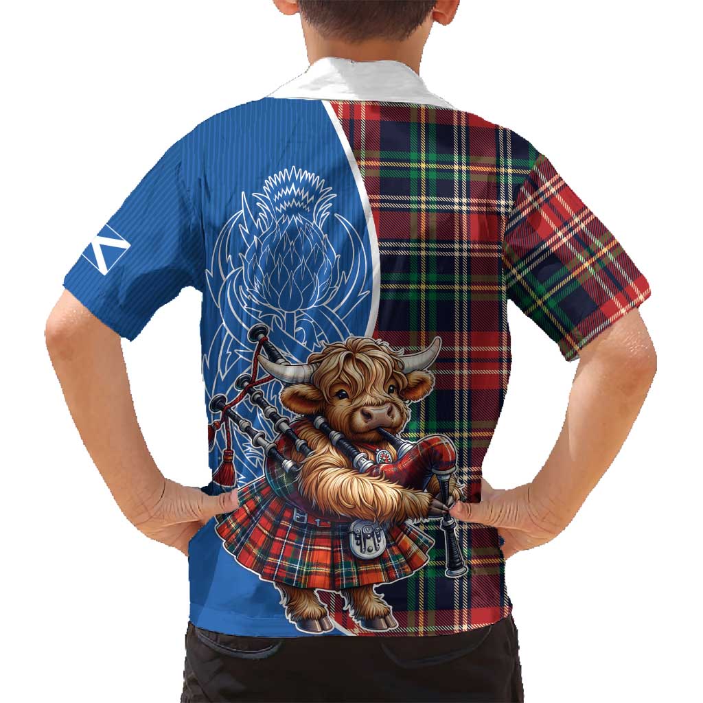 Scottish Tartan Family Matching Tank Maxi Dress and Hawaiian Shirt Highland Cow Playing Bagpipes