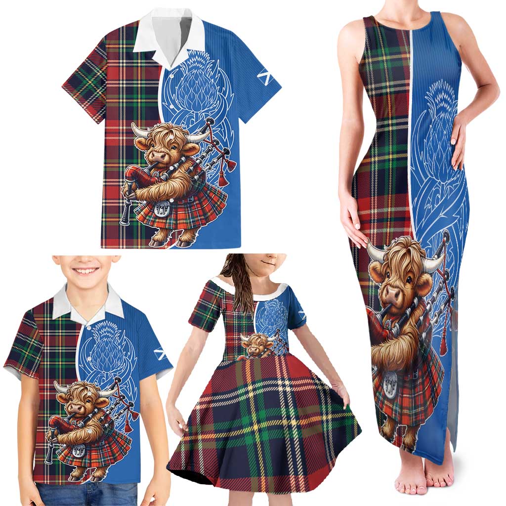 Scottish Tartan Family Matching Tank Maxi Dress and Hawaiian Shirt Highland Cow Playing Bagpipes