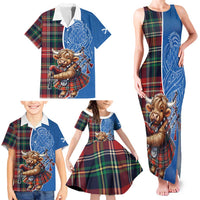 Scottish Tartan Family Matching Tank Maxi Dress and Hawaiian Shirt Highland Cow Playing Bagpipes