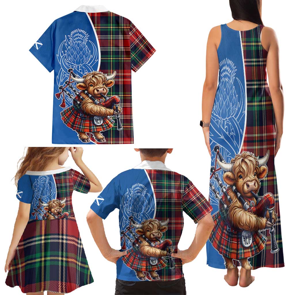 Scottish Tartan Family Matching Tank Maxi Dress and Hawaiian Shirt Highland Cow Playing Bagpipes