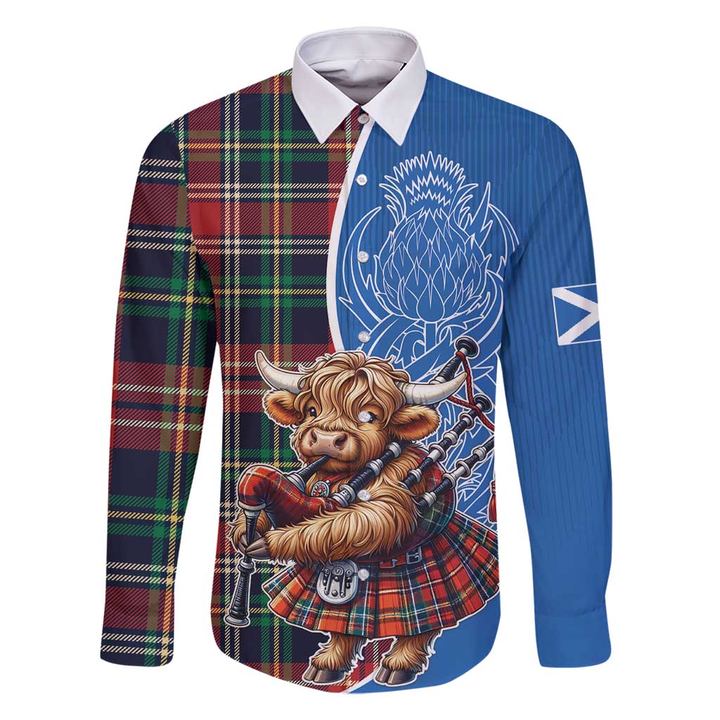 Scottish Tartan Family Matching Tank Maxi Dress and Hawaiian Shirt Highland Cow Playing Bagpipes