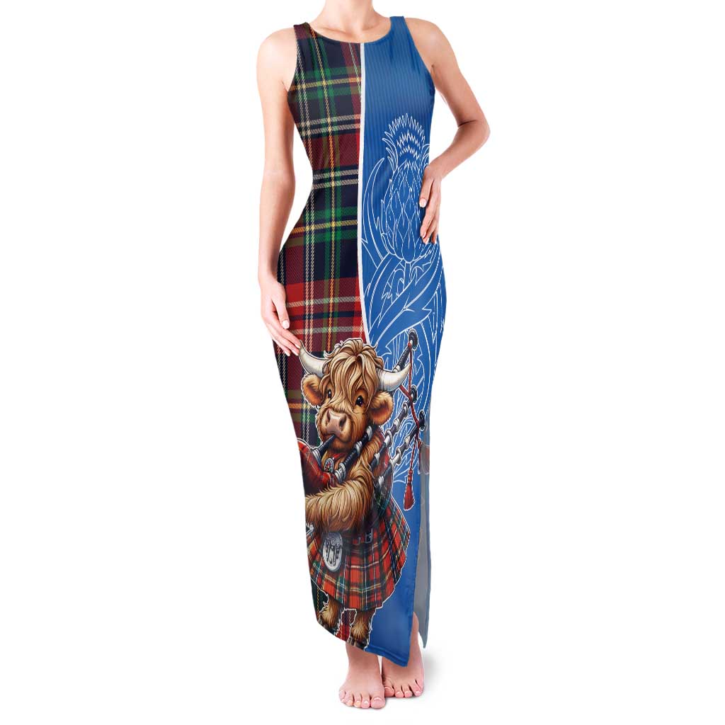 Scottish Tartan Family Matching Tank Maxi Dress and Hawaiian Shirt Highland Cow Playing Bagpipes