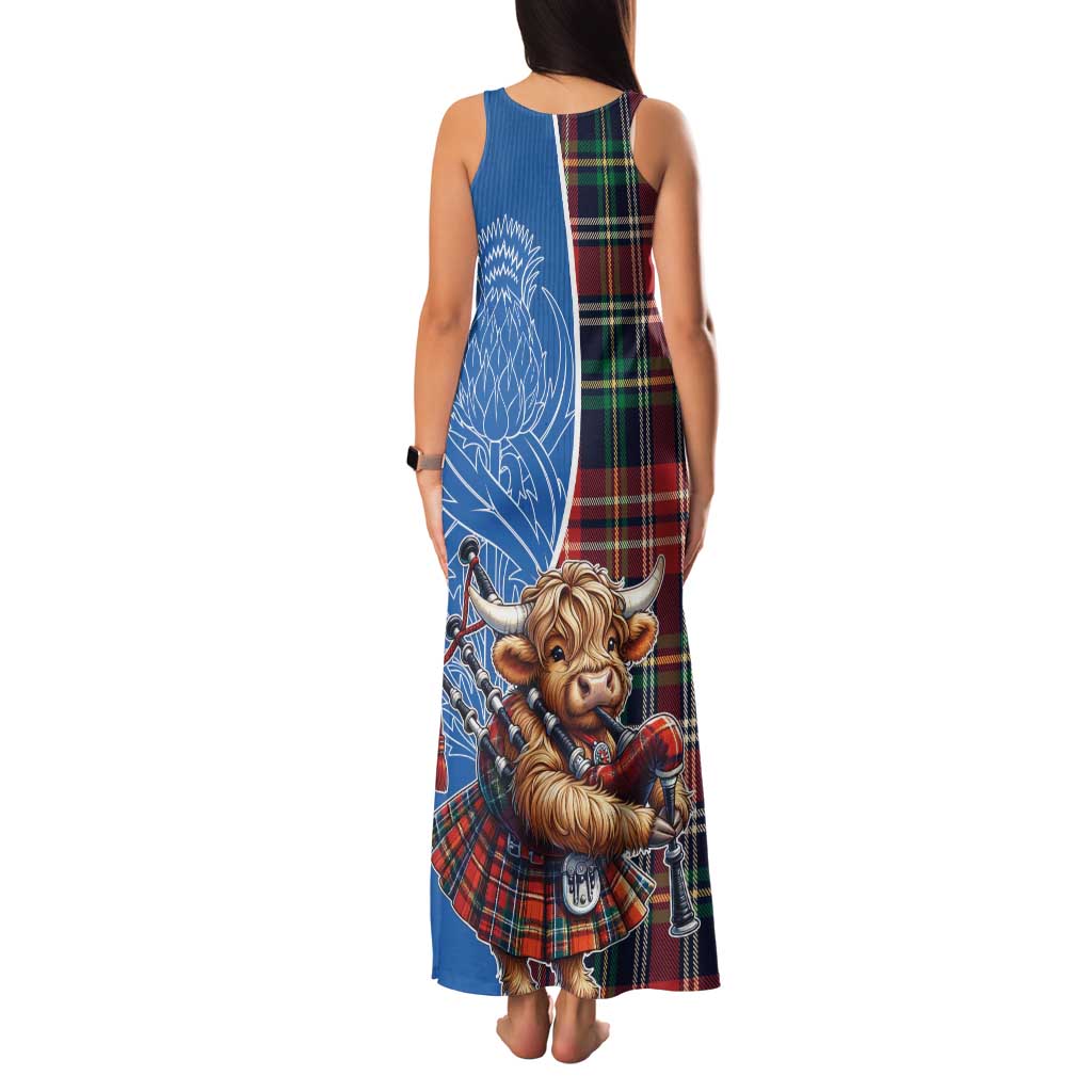 Scottish Tartan Family Matching Tank Maxi Dress and Hawaiian Shirt Highland Cow Playing Bagpipes