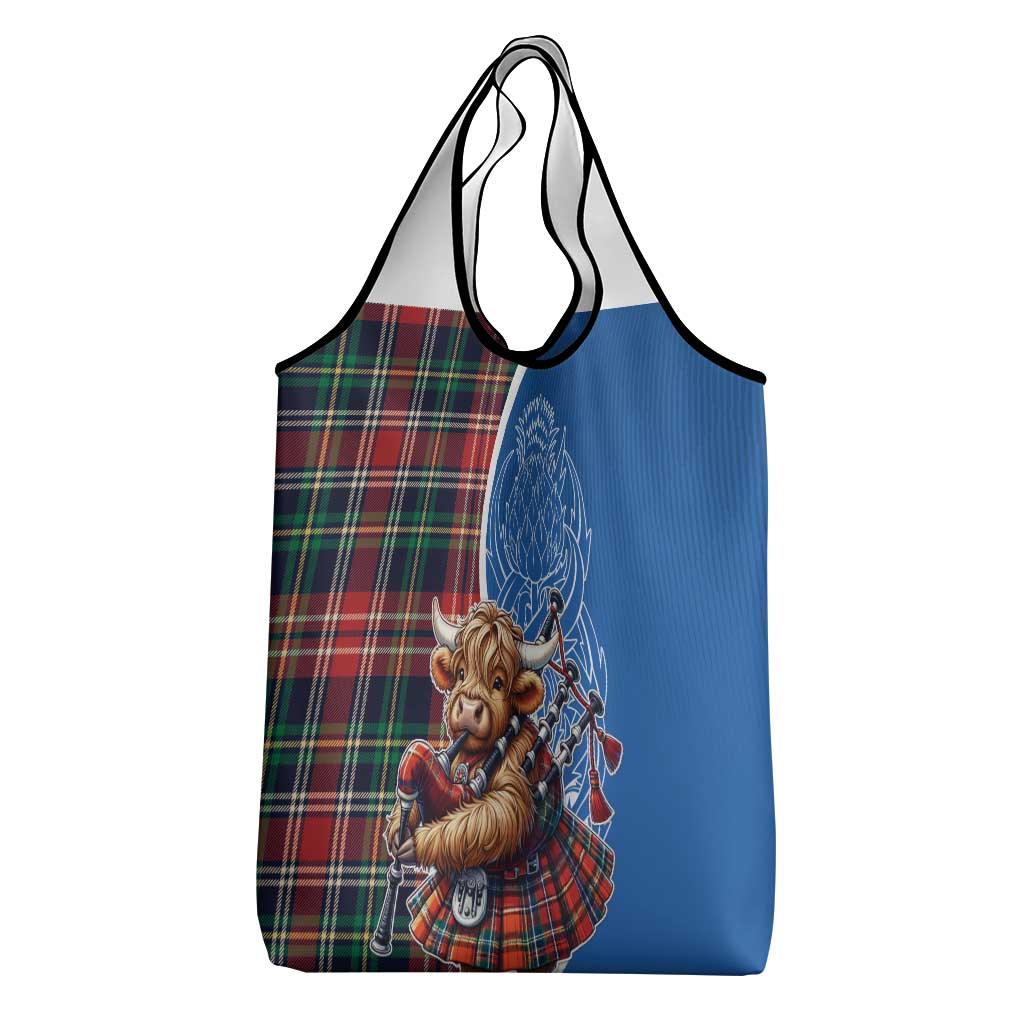 Scottish Tartan Grocery Bag Highland Cow Playing Bagpipes