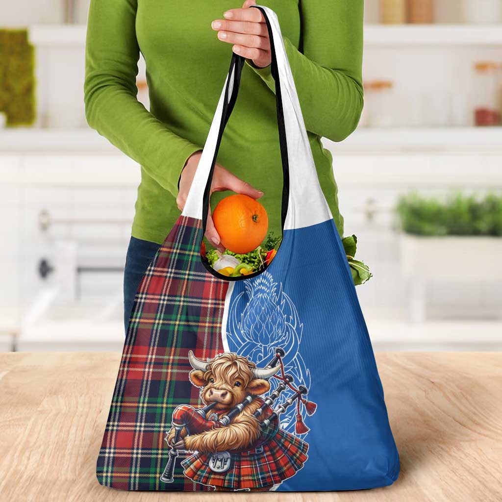 Scottish Tartan Grocery Bag Highland Cow Playing Bagpipes