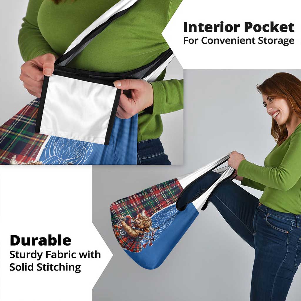 Scottish Tartan Grocery Bag Highland Cow Playing Bagpipes
