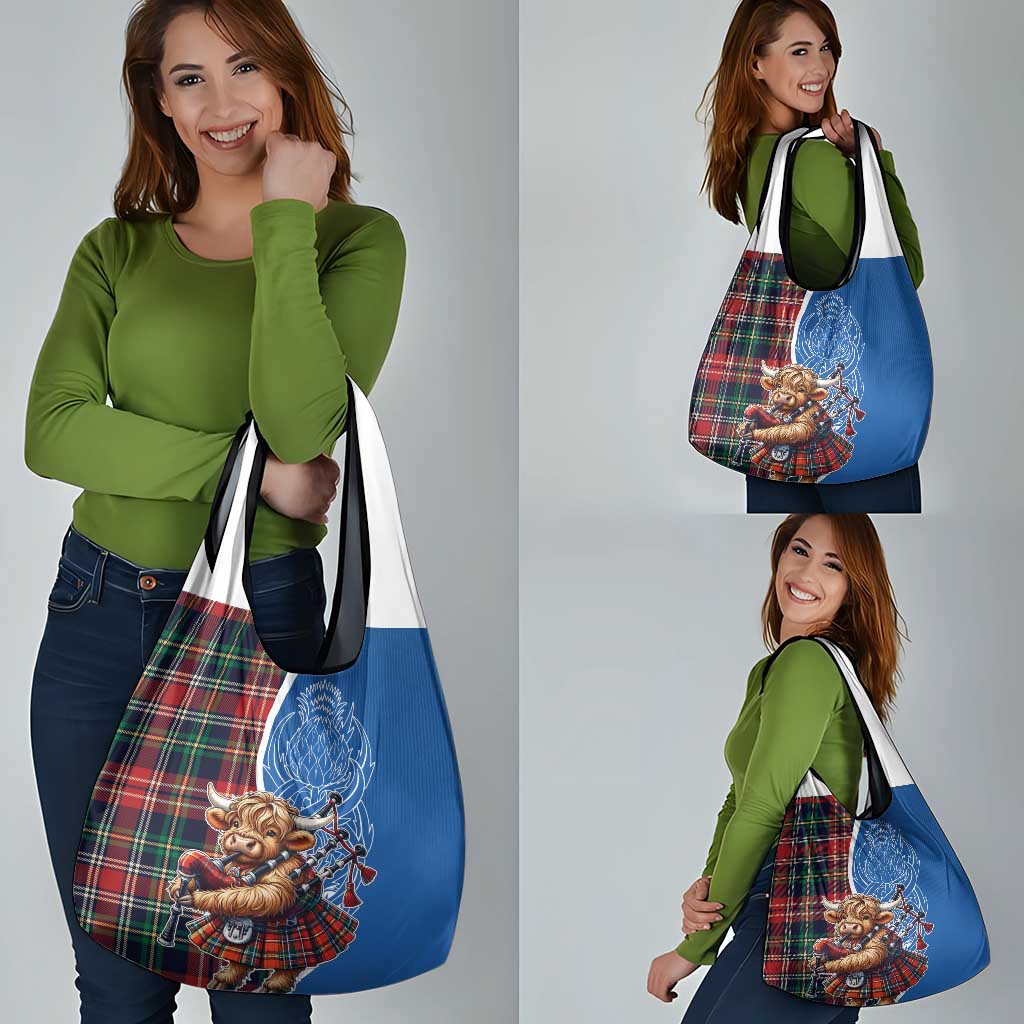 Scottish Tartan Grocery Bag Highland Cow Playing Bagpipes