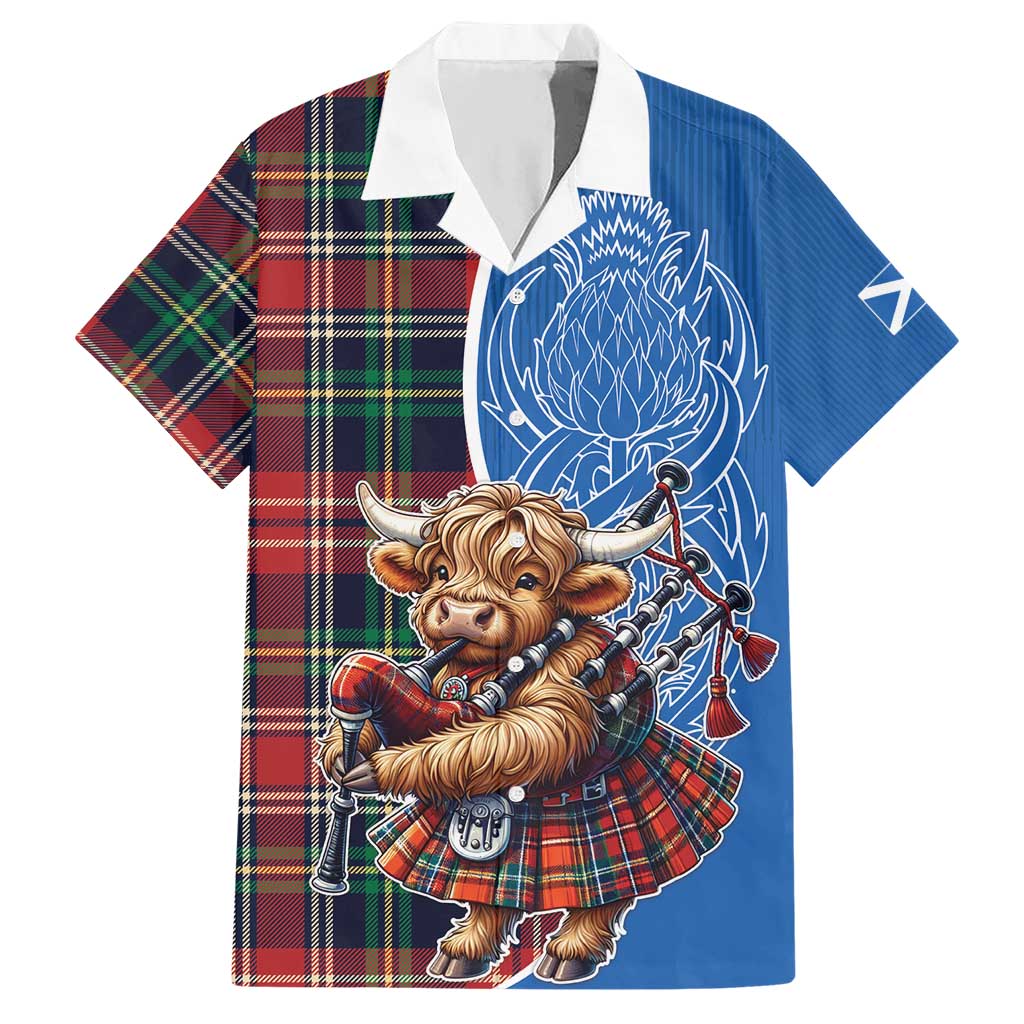 Scottish Tartan Hawaiian Shirt Highland Cow Playing Bagpipes